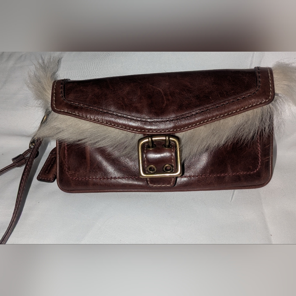Coach Brown Leather and Cream Fur Clutch with Brass Buckle - Picture 7 of 9